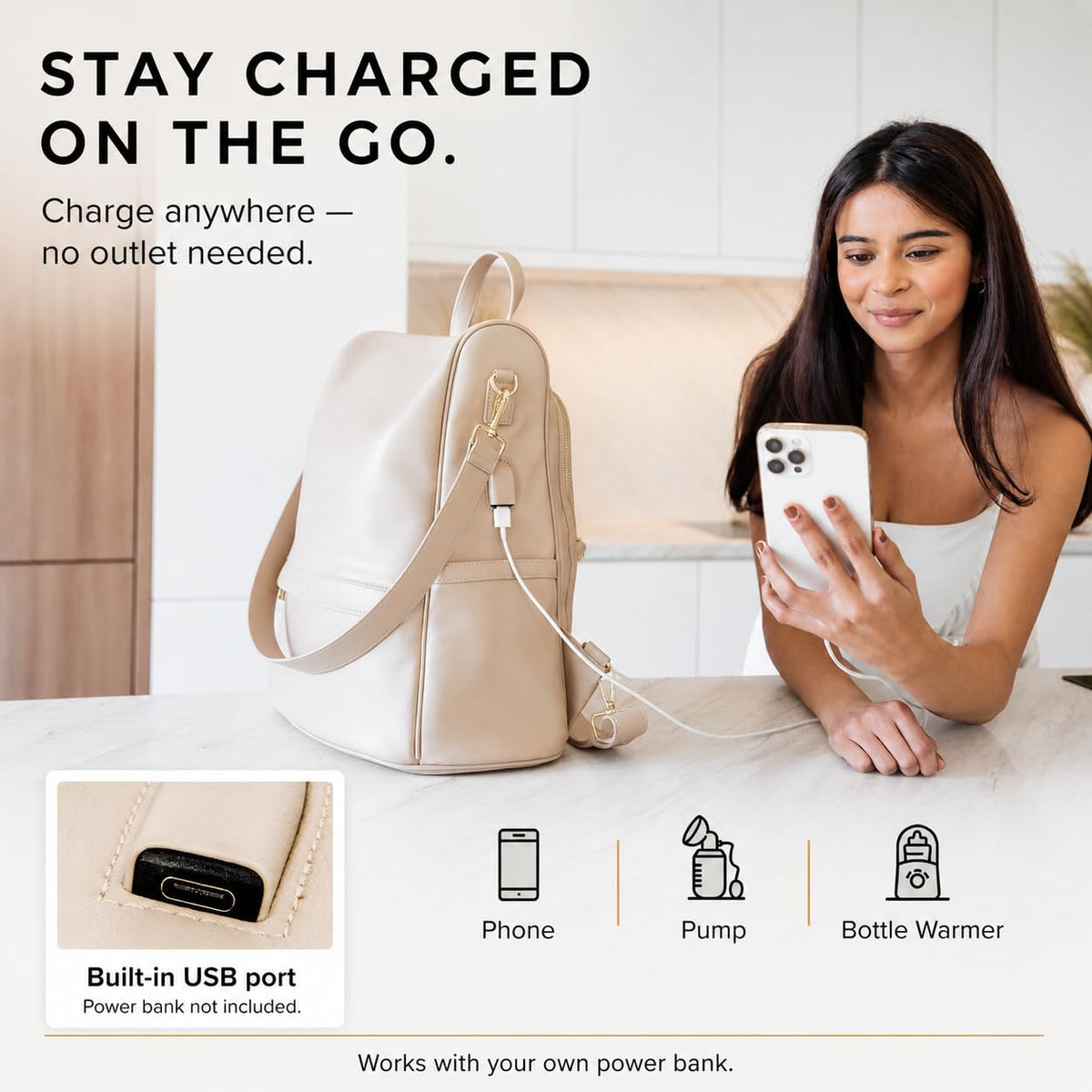 Leather Diaper Bag Backpack with USB Charging port, Changing Pad, Stroller Straps (Beige Mia)