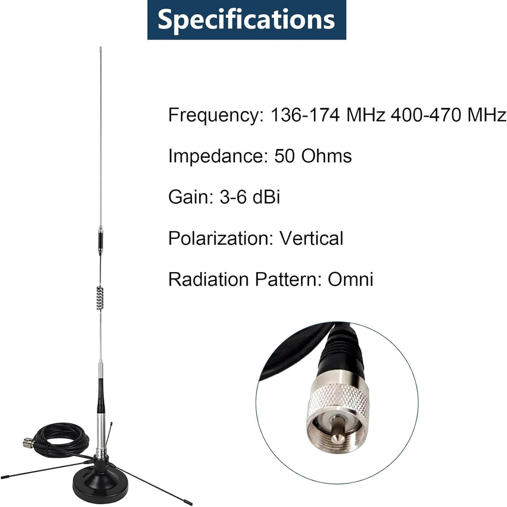 Dual Band VHF UHF Mobile Antenna 136-174MHz 400-470MHz (70cm & 2 Meter) Magnetic Mount Antenna with Ground Planes