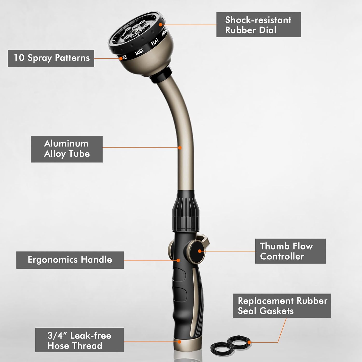 Watering Wand Heavy Duty, Metal Garden Hose Wand with 10 Spray Patterns, 15-Inch Long Hose Nozzle Sprayer with Thumb