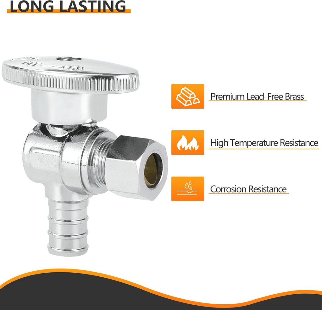 10PC HeSun 1/2" PEX-B Crimp x 3/8" OD Compression Angle Stop Valve | 1/4 Turn Shut Off Valve,for Bathroom, ASTM