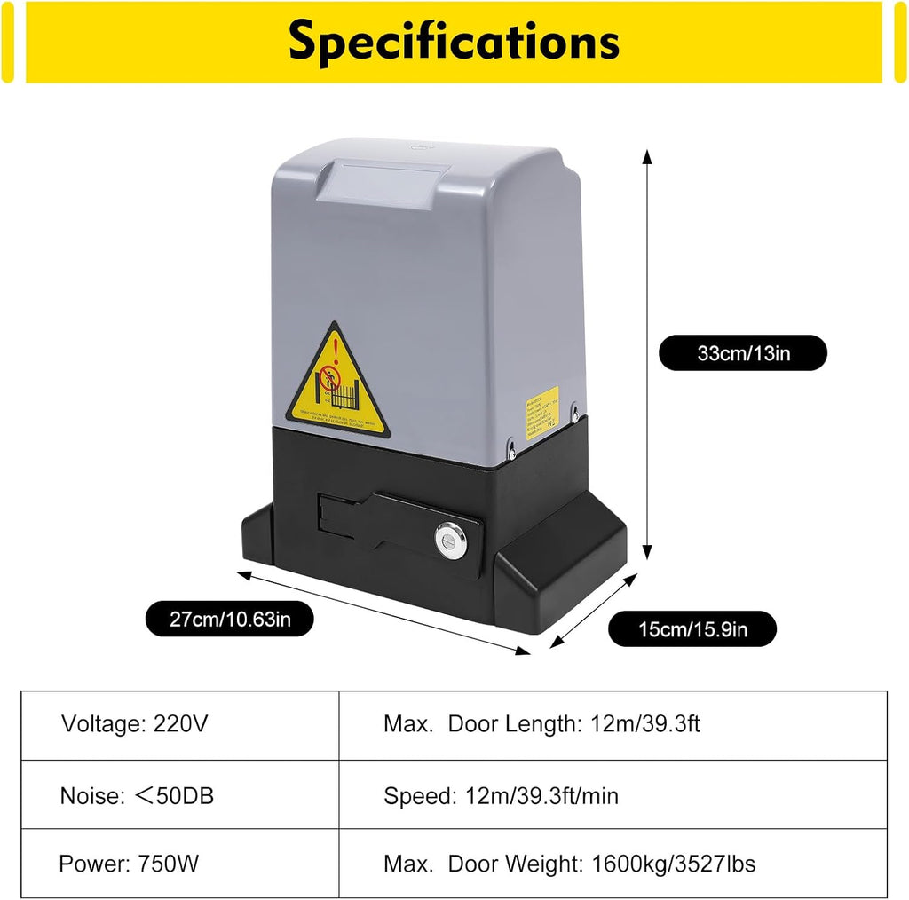 Automatic Sliding Gate Opener with 2 Remote Controls, Electric Rolling Driveway Fence Slide Gate Motor, Gate Operator