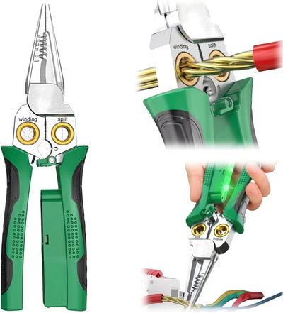 Pro 8-in-1 Wire Stripper/Cutter with Voltage Tester & Dual Alarms - Heavy Duty 12-250V AC/DC Electrical Tester for