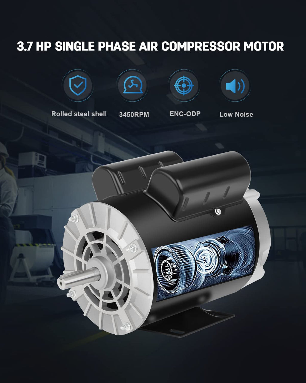 3.7 HP Air Compressor Motor 56 Frame Single Phase 3450RPM 230V ODP