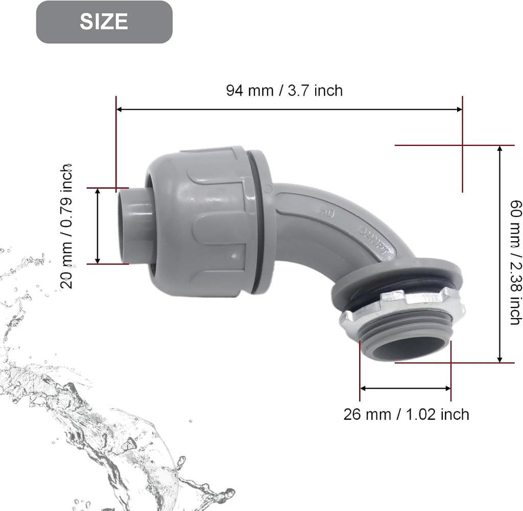 4-Pack 3/4 Inch Liquid Tight Conduit Connectors, Elbow