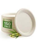 9 Inch Natural Compostable Sugarcane Paper Plates,150 Pack