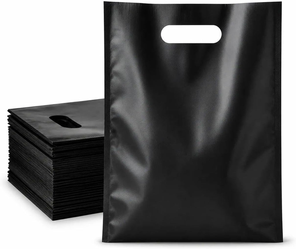 Small Black Plastic Shopping Bag for Small Business Plastic Merchandise Bag with Handle Poly Die Cut for Retail 100