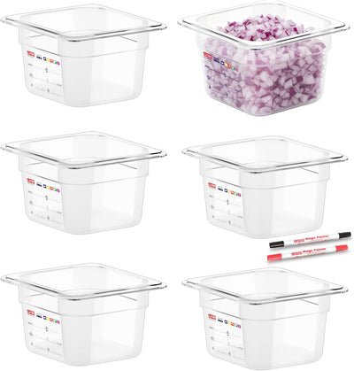 6-Pack 1/6 Size 4" Deep Polycarbonate Food Pans, NSF Commercial Clear Hotel Pan for Sauces, Condiments, Toppings &