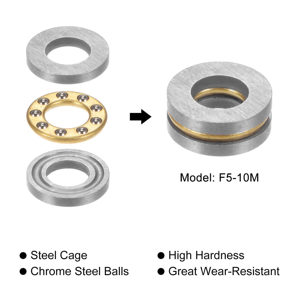 uxcell F5-10M Thrust Ball Bearing 5mm x 10mm x 4mm Brass with Washers ABEC3 5pcs