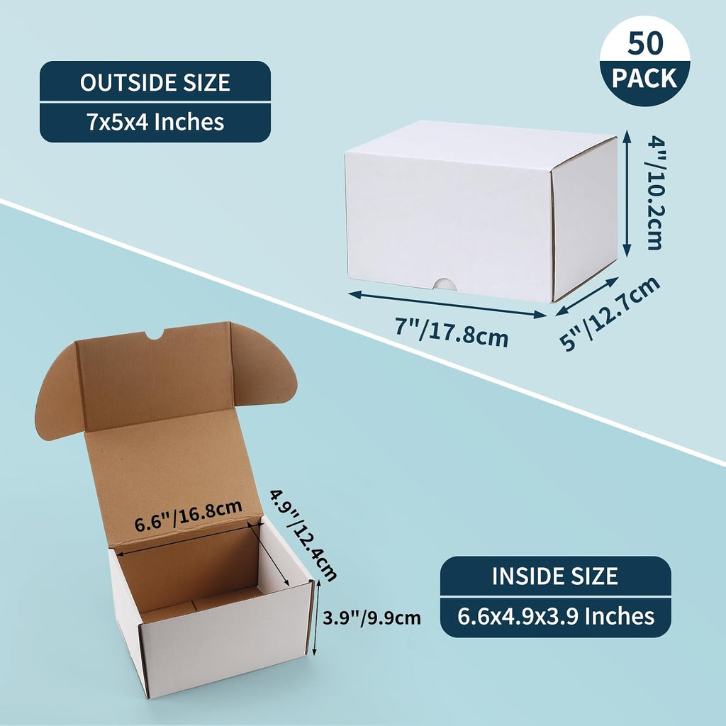 50 Pack 7x5x4 Shipping Boxes for Small Business Packing, White Corrugated Cardboard Mailer Boxes for Shipping Mailing