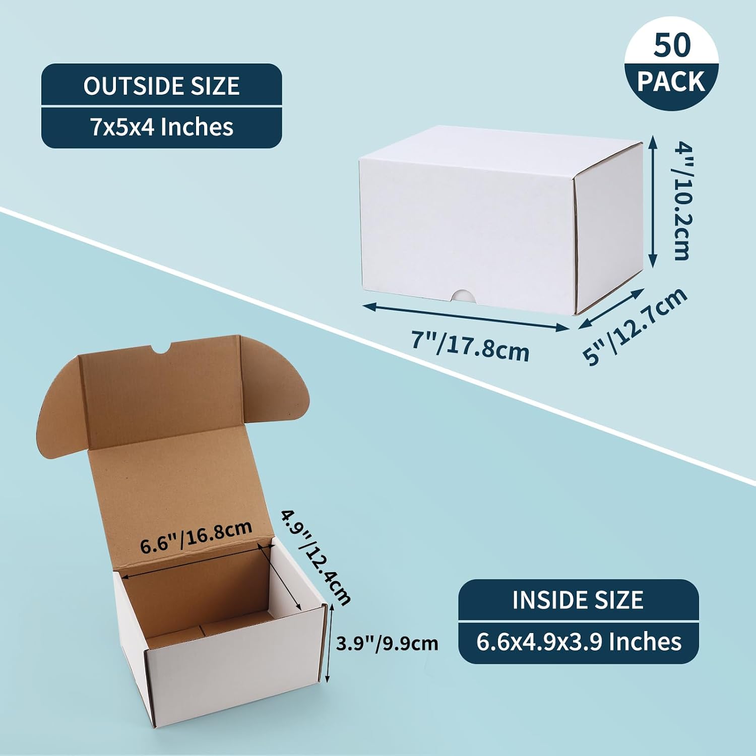 50 Pack 7x5x4 Shipping Boxes for Small Business Packing, White Corrugated Cardboard Mailer Boxes for Shipping Mailing