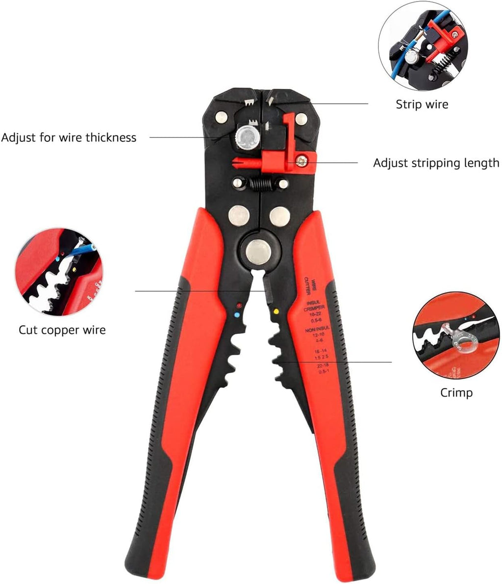Self-Adjusting Wire Stripper and Crimping Tool, Strips 10-24 AWG, Black/Red