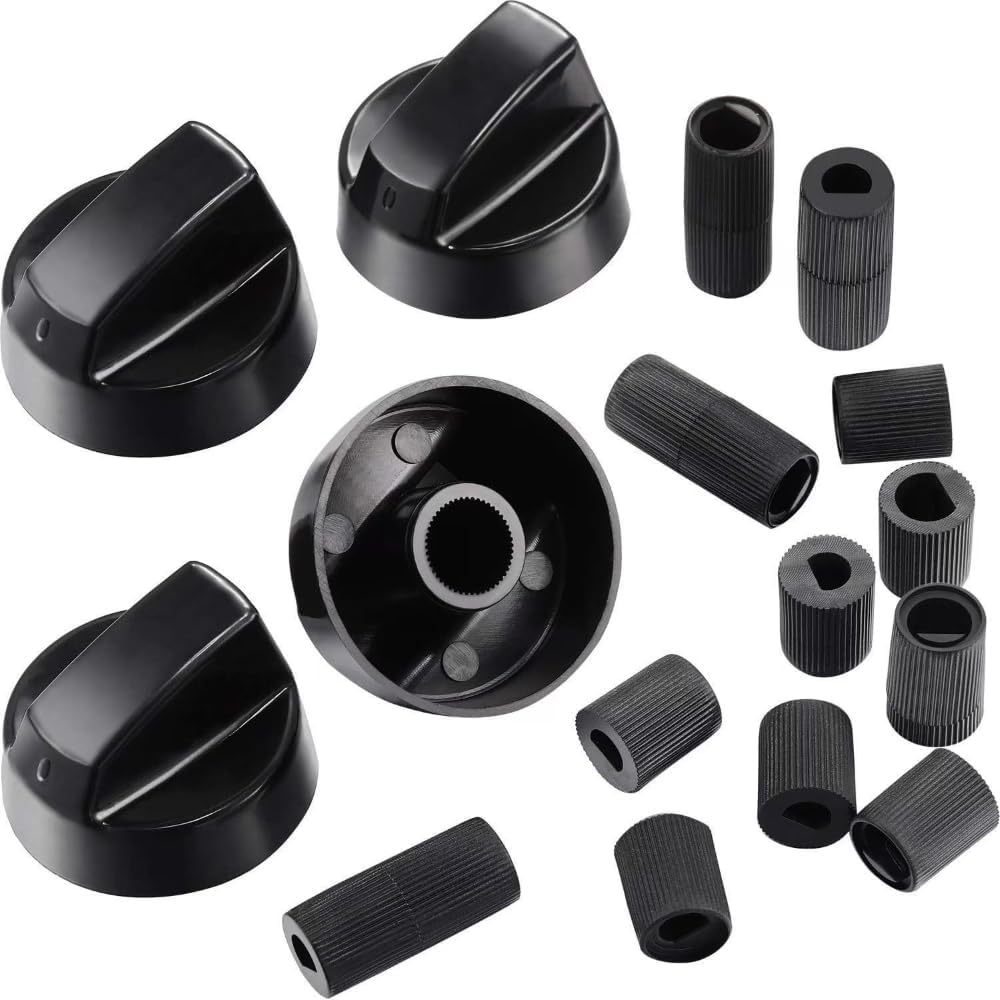Black Control Knobs 4 Pack with 12 Adapters for Oven/Stove/Range