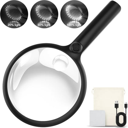 Handheld Magnifying Glass with LED Light, Rechargeable Reading Magnifier | Large 5x Lens with 10x Spot Lens, 24 LEDs