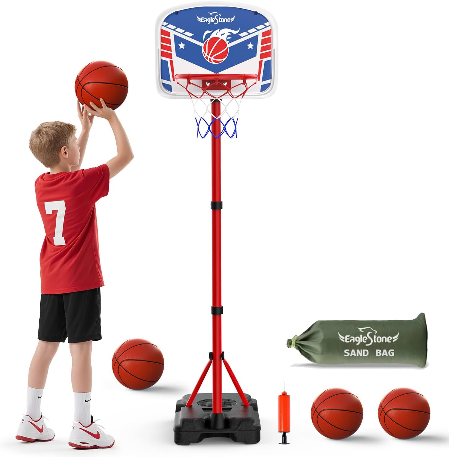 Kids Adjustable Height Basketball Hoop with Stand Indoor Outdoor | 3 Balls,Extra Sandbag for Stability,Backyard