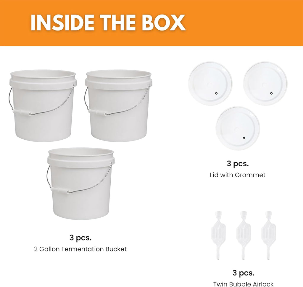 2 Gallon Fermentation Bucket with Lid, Grommet & twin bubble airlock (3 Pack)|HDPE Brew Bucket with Handle &