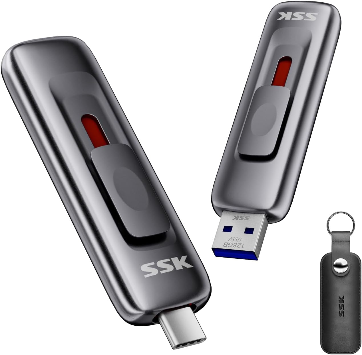 USB Drive 128GB up to 550MB/s External SSD USB C+A 3.2 Thumb Drive | SMART & TRIM,Dual Ports,Metal,Push-pull