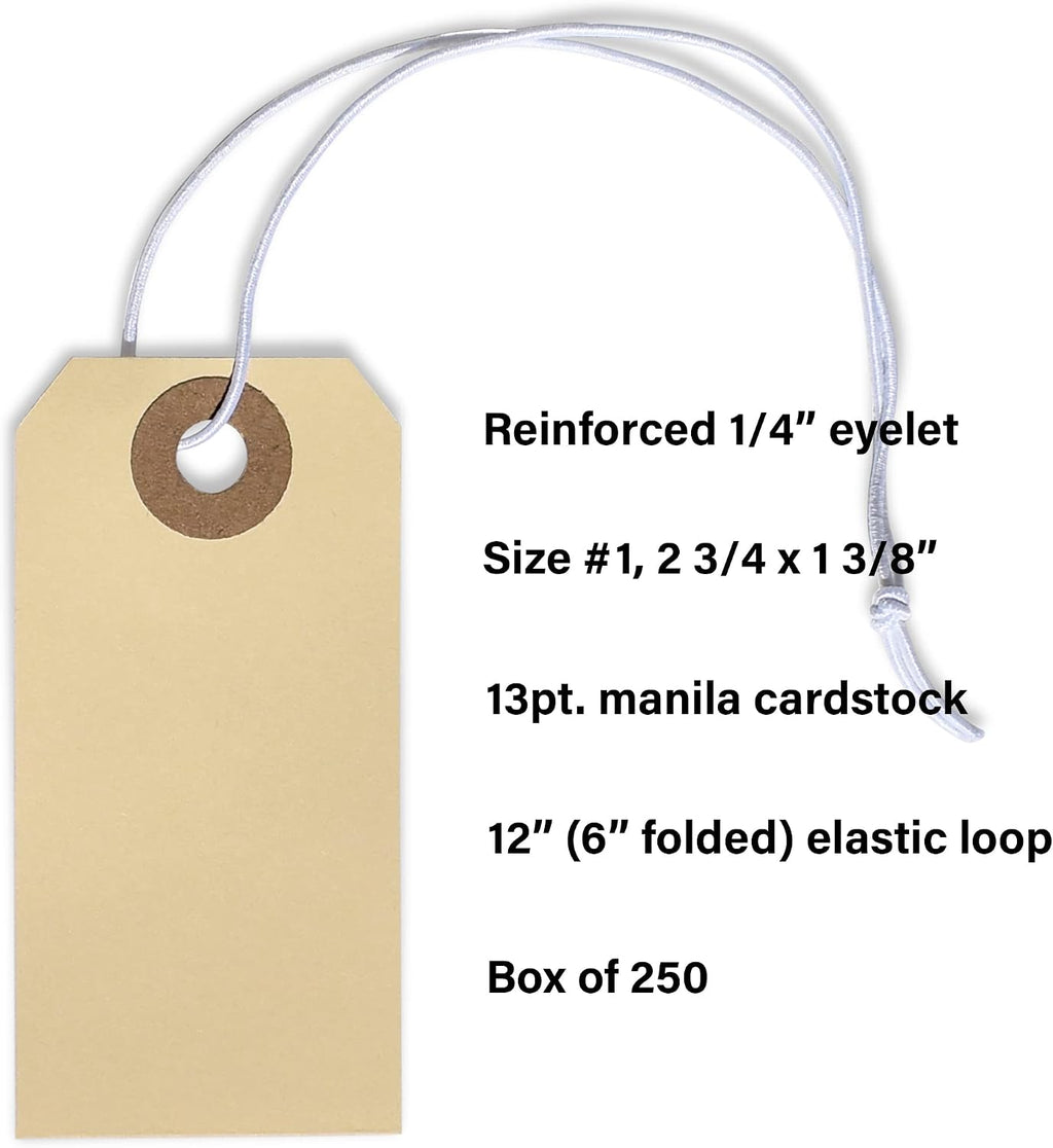 500 Small Manila Shipping Tags #1 with Elastic, 2 3/4" x 1 3/8"