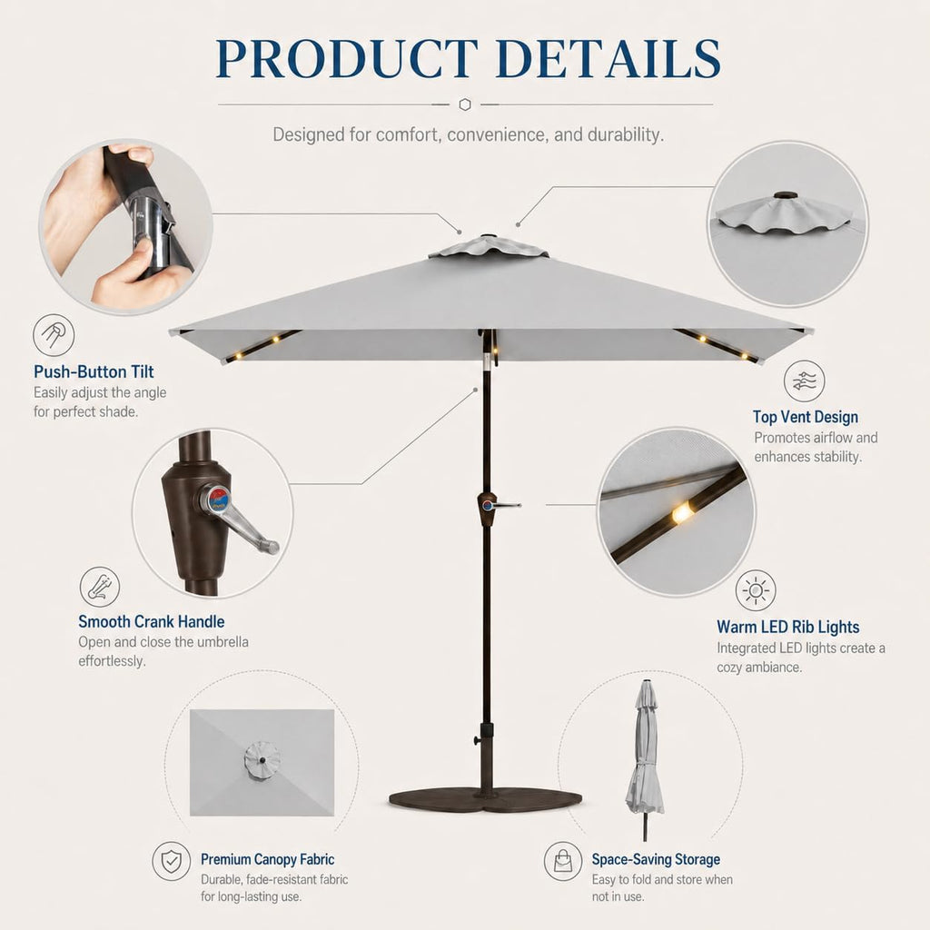6.5 x 10ft Rectangular Patio Umbrella with Solar Lights, 16 LED Lighted Market Umbrella with Push-Button Tilt and