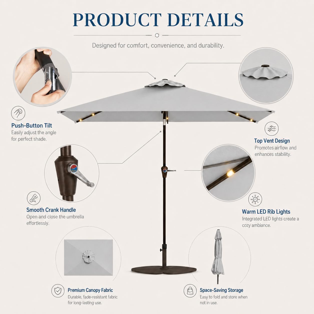 6.5 x 10ft Rectangular Patio Umbrella with Solar Lights, 16 LED Lighted Market Umbrella with Push-Button Tilt and