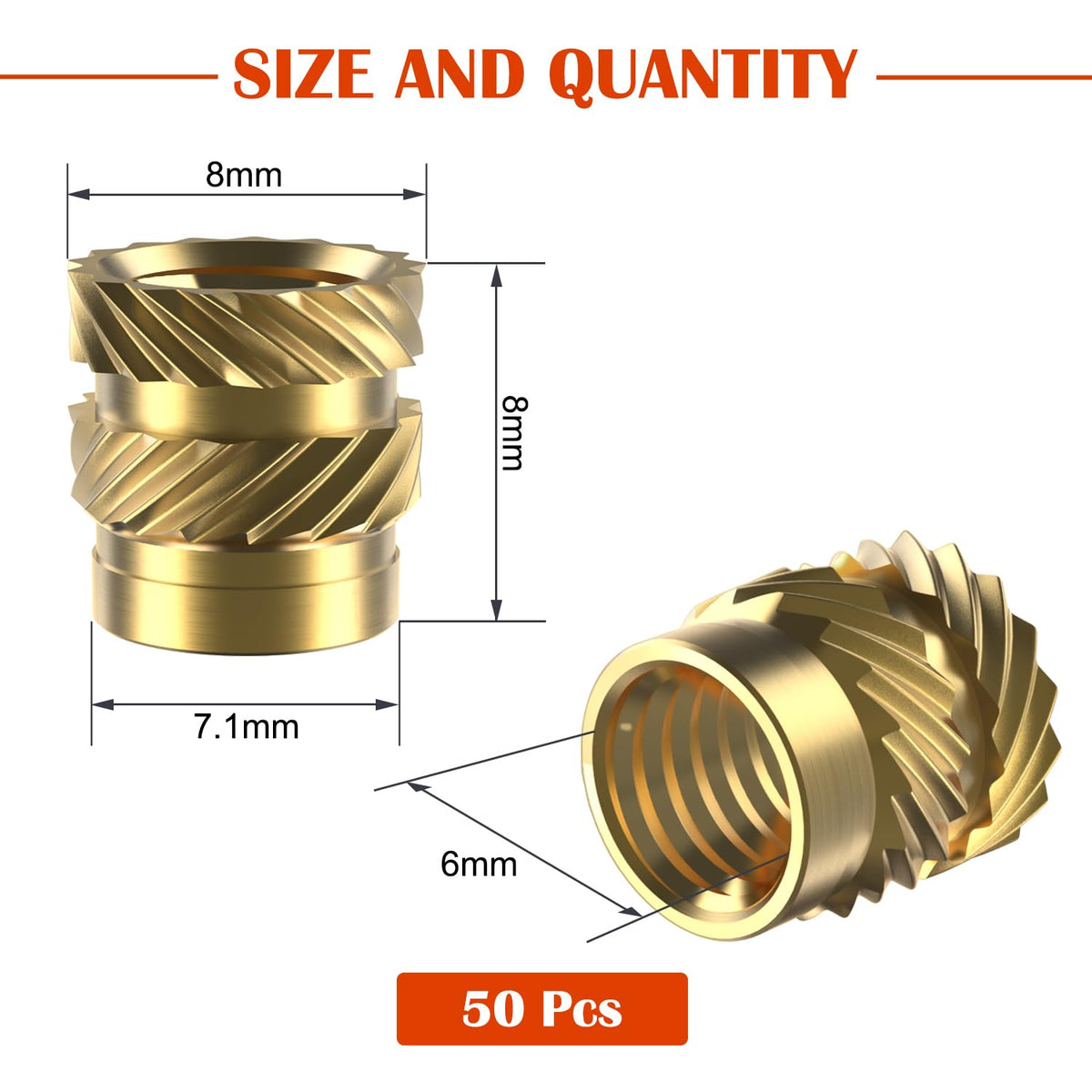 50Pcs M6 Heat Set Inserts, Metric knurled Nuts Brass Heat Set Insert for Plastic Parts,Insert by Heat into 3D Printing Components (M6xL8xD8)