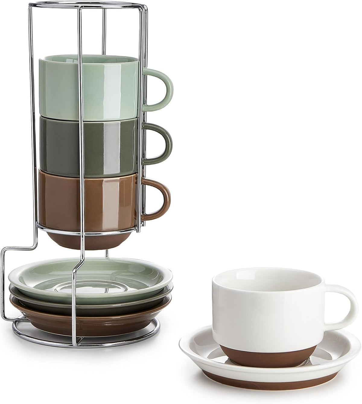 8 Ounce Cappuccino Cups Set of 4, Porcelain Stackable Coffee Cups with Saucers and Metal Stand, Earthy Spectrum