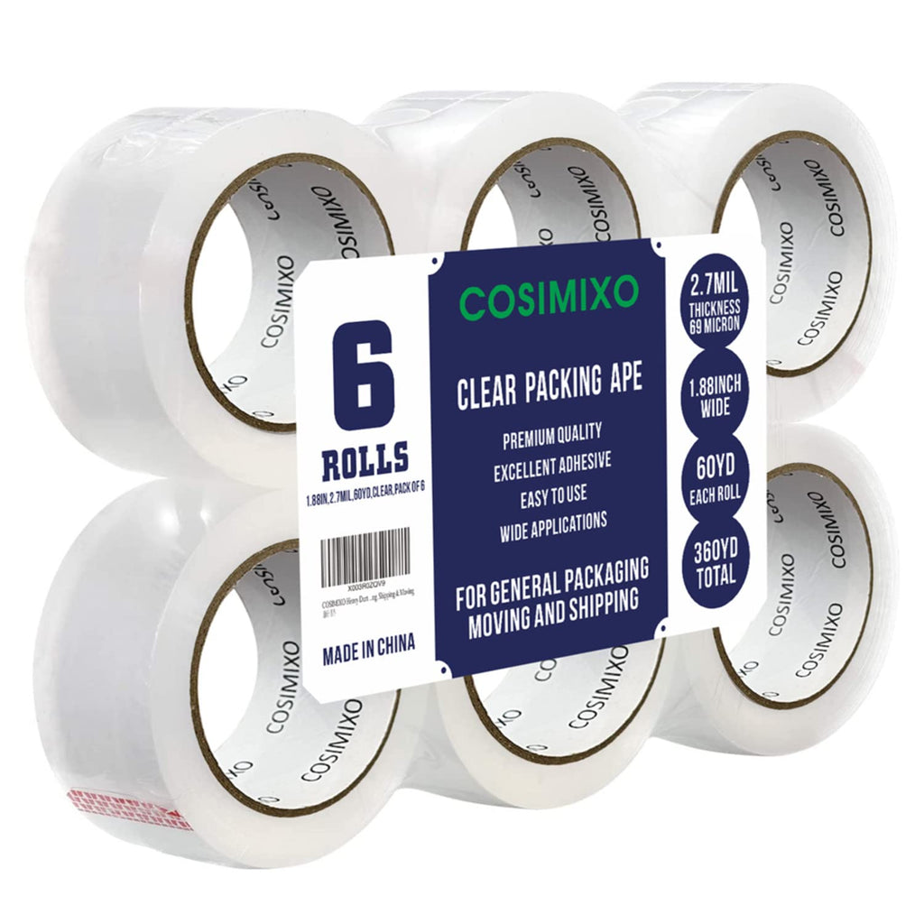 Heavy Duty Packing Tape 2.7mil x 1.88" x 60 Yards, 6 Rolls,Industrial 3" Core, Clear, Great for Packing, Shipping &