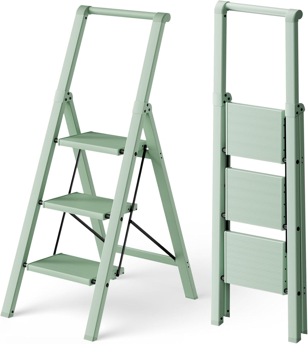 3 Step Foldable Aluminum Step Ladder with Handgrip, Anti-Slip Pedal, 330 lbs Capacity, Lightweight & Portable for