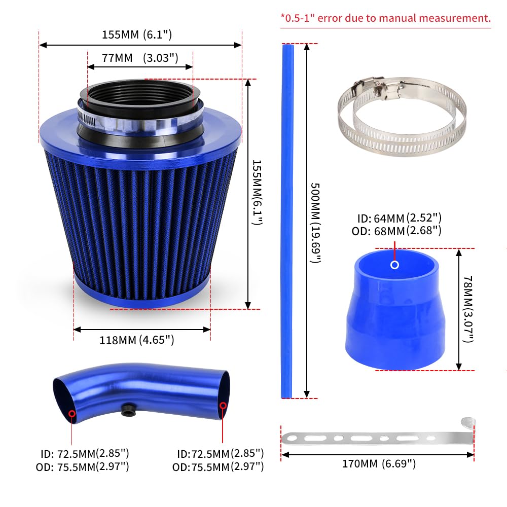 3'' Cold Air Intake Kit Automotive Cold Air Intake Pipe Filter Blue