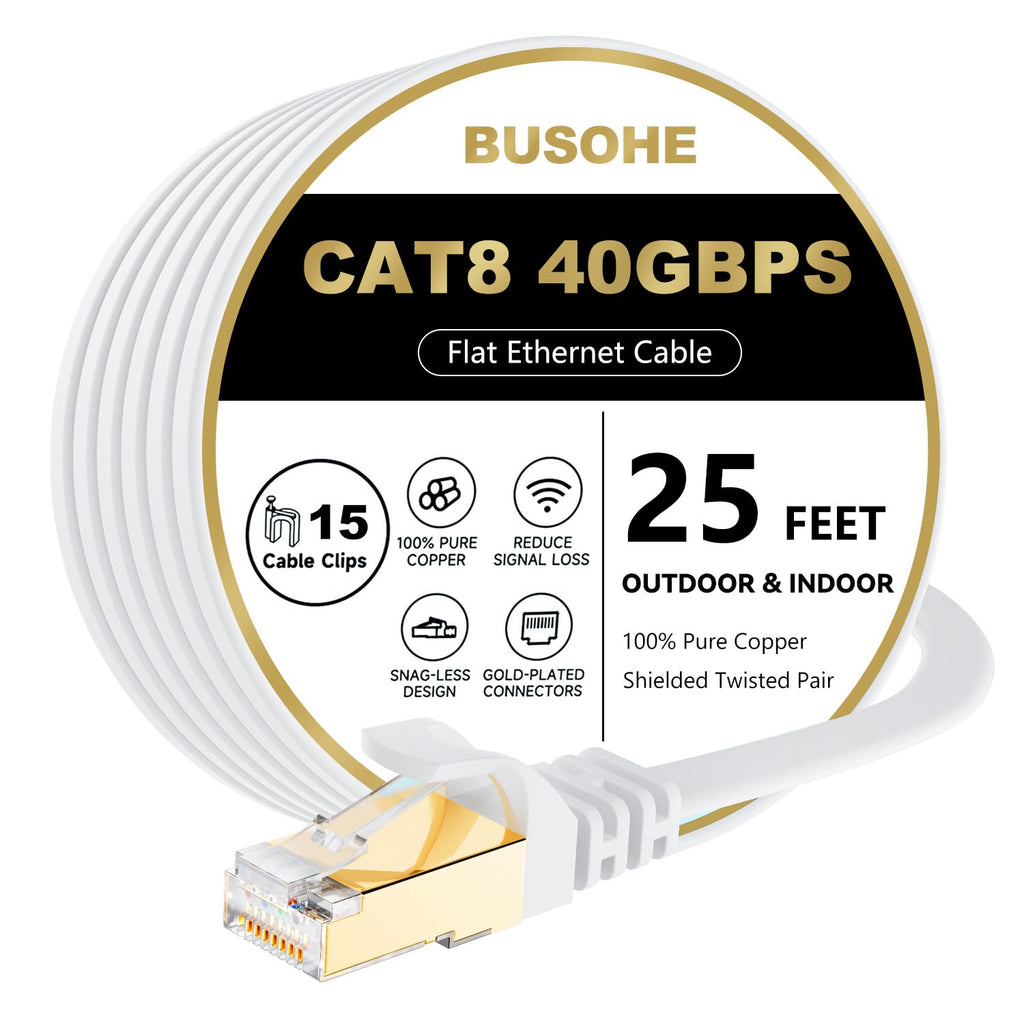 Cat 8 Ethernet Cable 25 FT, 40Gbps 2000Mhz High Speed Flat Cat8 Cable Patch Cord with Gold-Plated RJ45 Connector, LAN