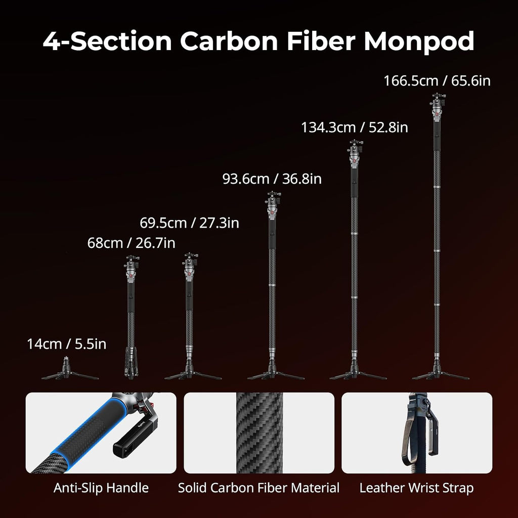 65.6"/ 166.5cm Carbon Fiber Ball Head Monopod for Camera | One-Button Lift & Lock, Ball Head Max. Playload 5kg/ 11lb