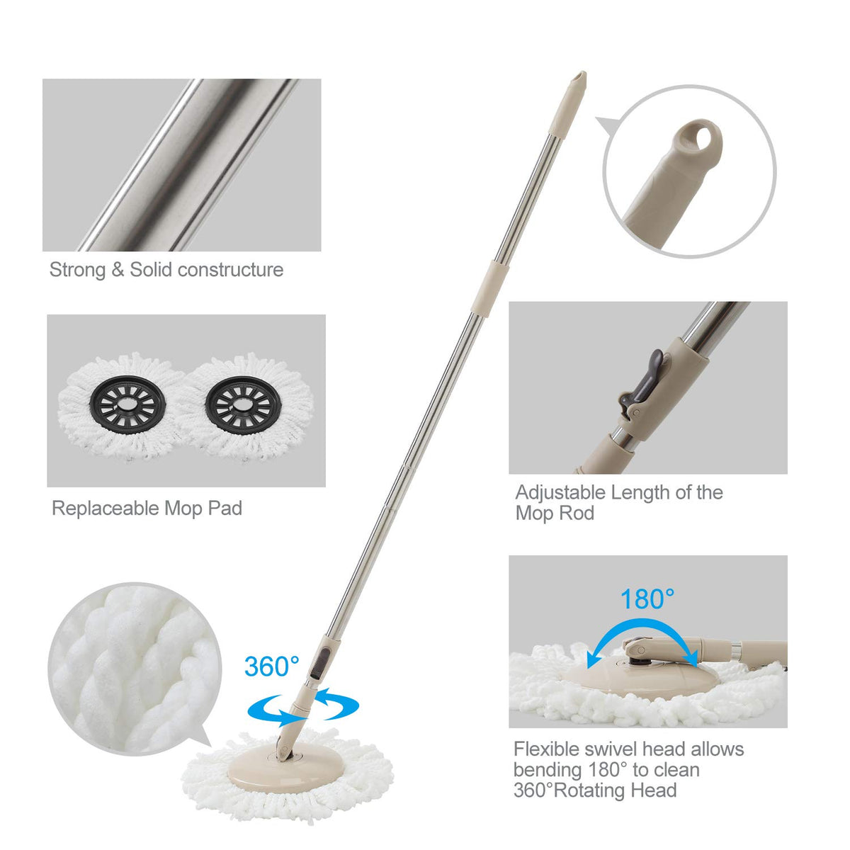 Spin Mop and Bucket Set, 2 Microfiber Heads, Wash & Dry