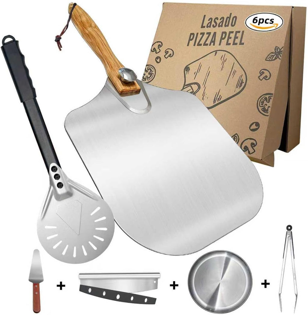 Pizza Peel and Pan Set, 6 Piece Pizza Oven Accessories, 12 Inch Metal Pizza Paddle with Foldable Wooden Handle, 8