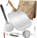 Pizza Peel and Pan Set, 6 Piece Pizza Oven Accessories, 12 Inch Metal Pizza Paddle with Foldable Wooden Handle, 8