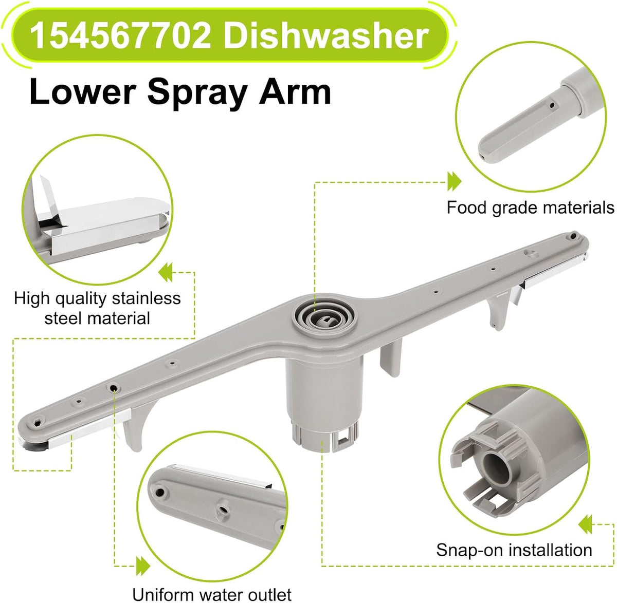 5304518927 Dishwasher Lower Wash Arm Replacement for Frigidaire, Electrolux, Kenmore, Crosley - Replaces 154567702, AP6810011, 154567701, 5304507175, 154567701-1