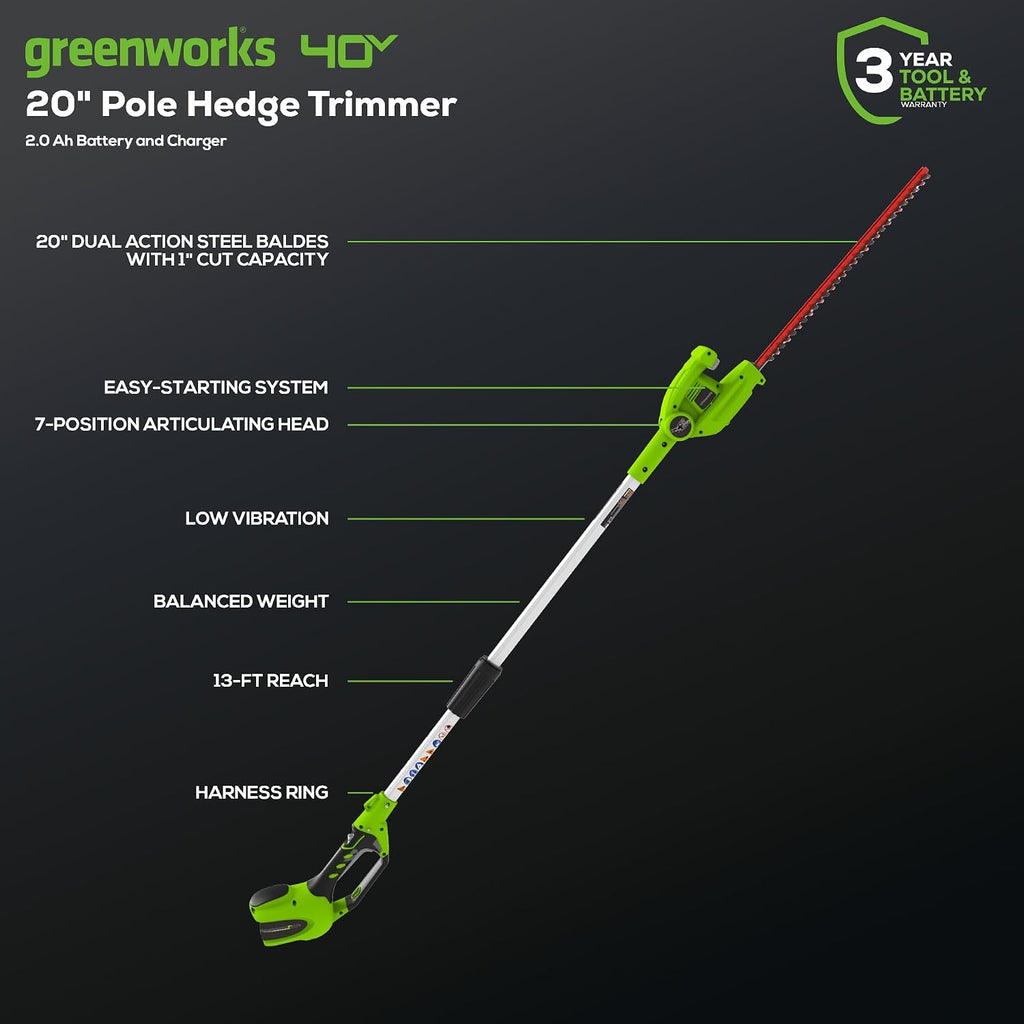 40V 20" Cordless Pole Hedge Trimmer, 2.0Ah Battery and Charger Included
