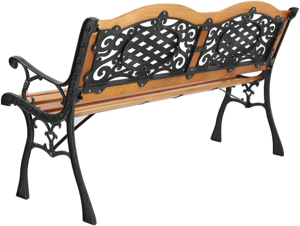 corp 49" Garden Bench Outdoor Patio Park Chair Furniture Natural Hardwood Slats Cast Bronze Iron Frame Curved