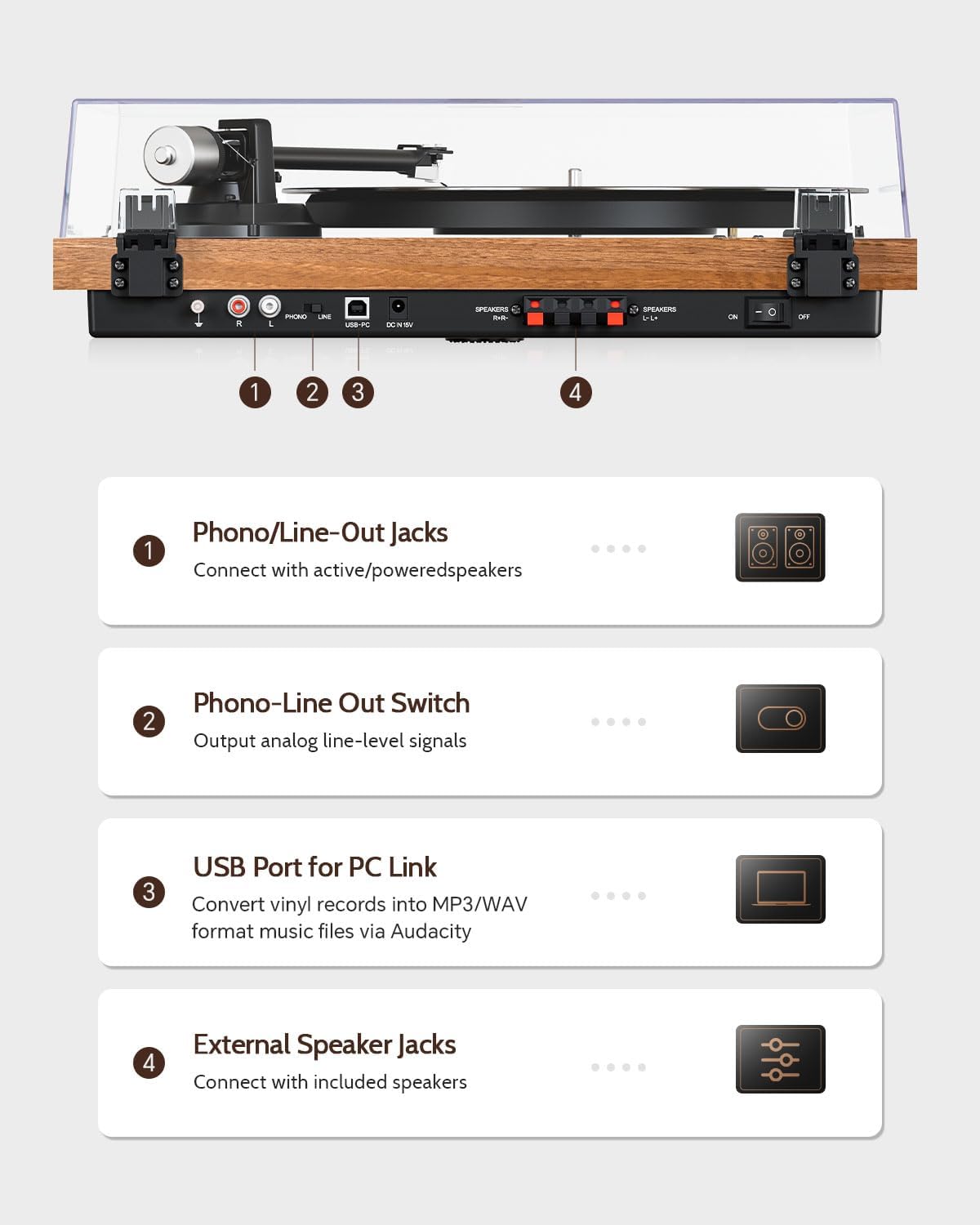 1 BY ONE Bluetooth Turntable HiFi System with 36 Watt Bookshelf Speakers | Patend Designed Vinyl Record Player with