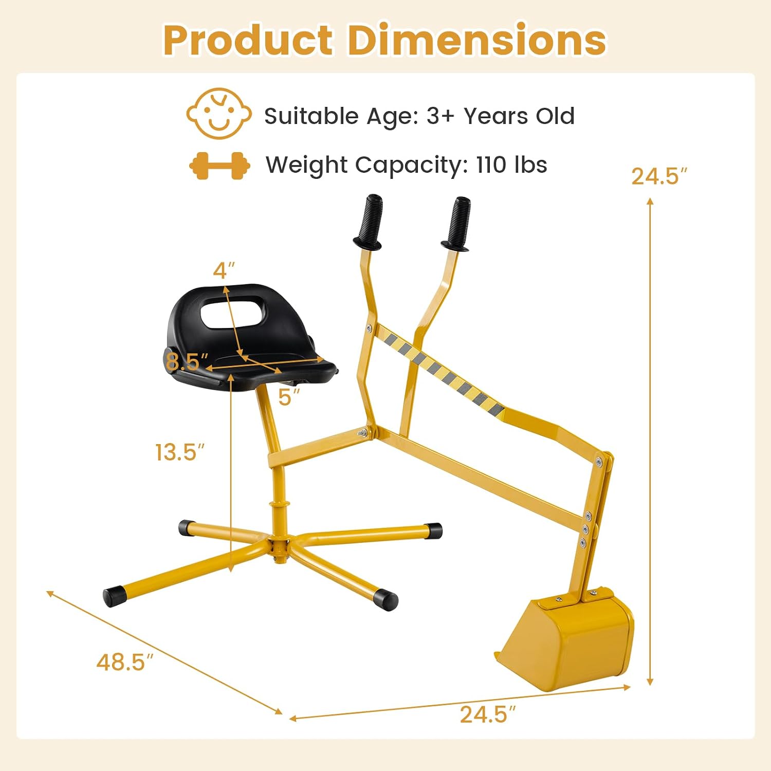 Sand Digger Excavator for Kids, Toddler Outdoor Sandbox Digger Crane w/Cross Base & Flexible Shovel, 360° Rotatable