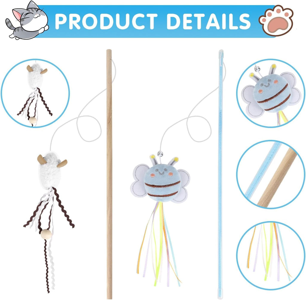 Cat Wand Toy Set, 2 PCS Interactive Cat Teaser Wands with Cute Bee & Mouse Designs, Equipped with Bells and Streamers