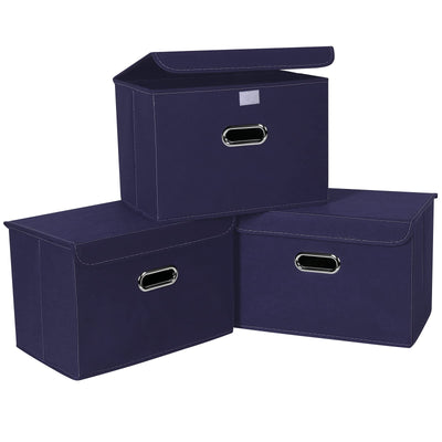 Linen Fabric Foldable Collapsible Storage Cube Bin Organizer Basket Fabric Storage Bins with Lid, Leather Handles