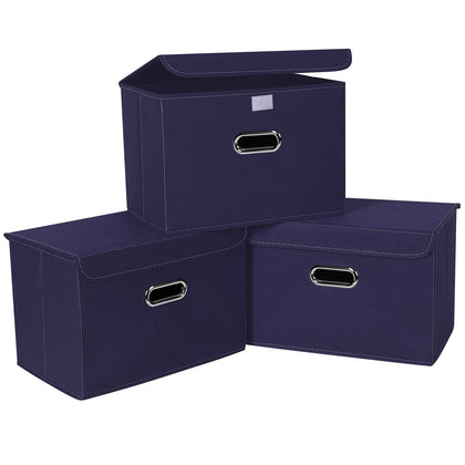 Linen Fabric Foldable Collapsible Storage Cube Bin Organizer Basket Fabric Storage Bins with Lid, Leather Handles