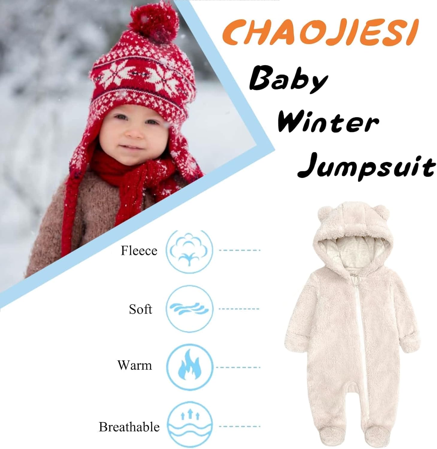 Newborn Winter Romper Fleece Hooded Jumpsuit Snowsuit Warm Outfits Zipper Outwear for Infant