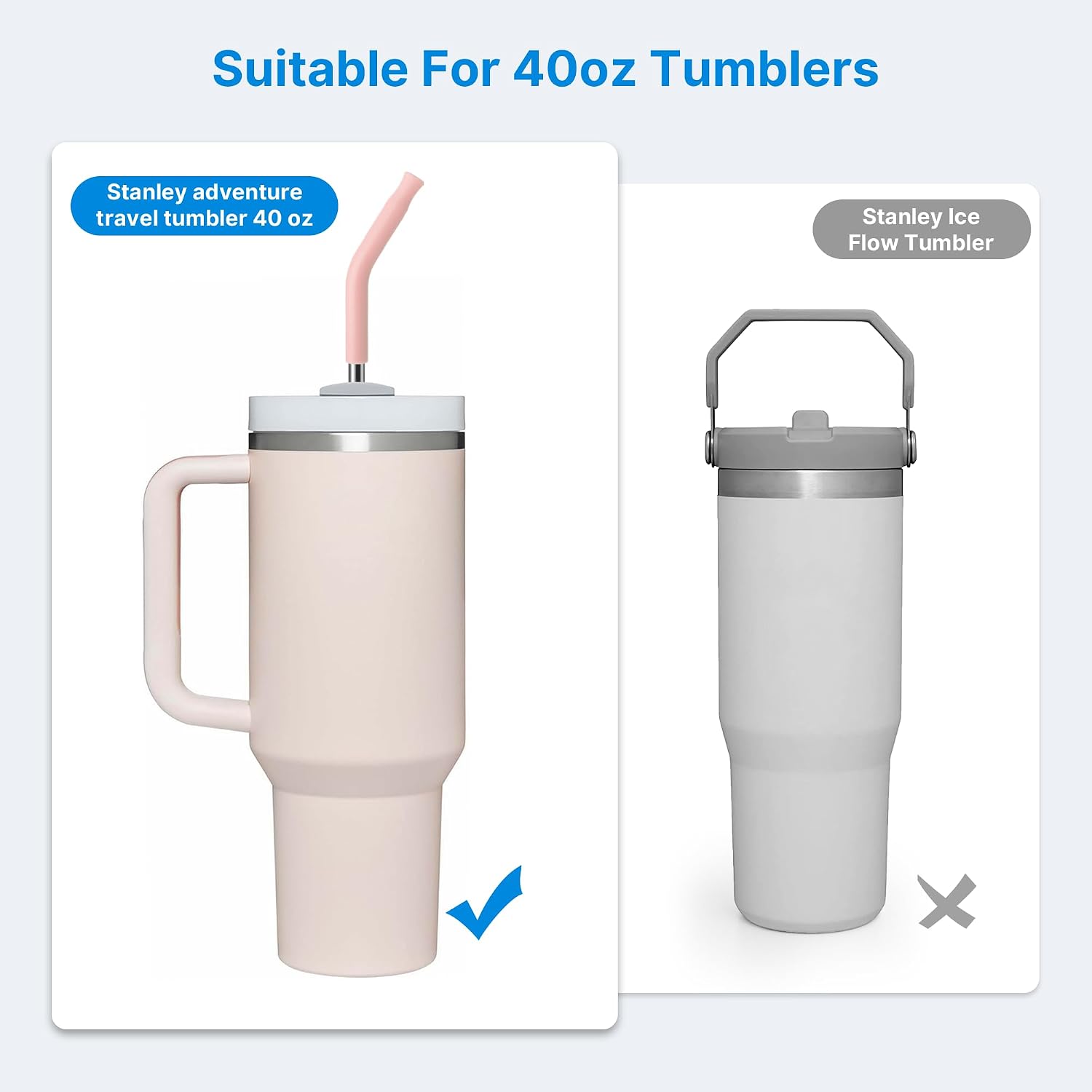 Metal Straw with Silicone Tip for 40oz Stanley Cup, 2 Pcs Stainless Steel Straws Replacement for Stanley 40 oz