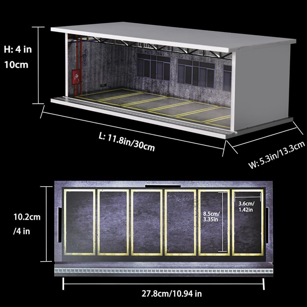 1/64 Scale Diorama Garage Display Case for Die-Cast Model Cars | Acrylic Cover, Storage with 6-Space Scene Parking