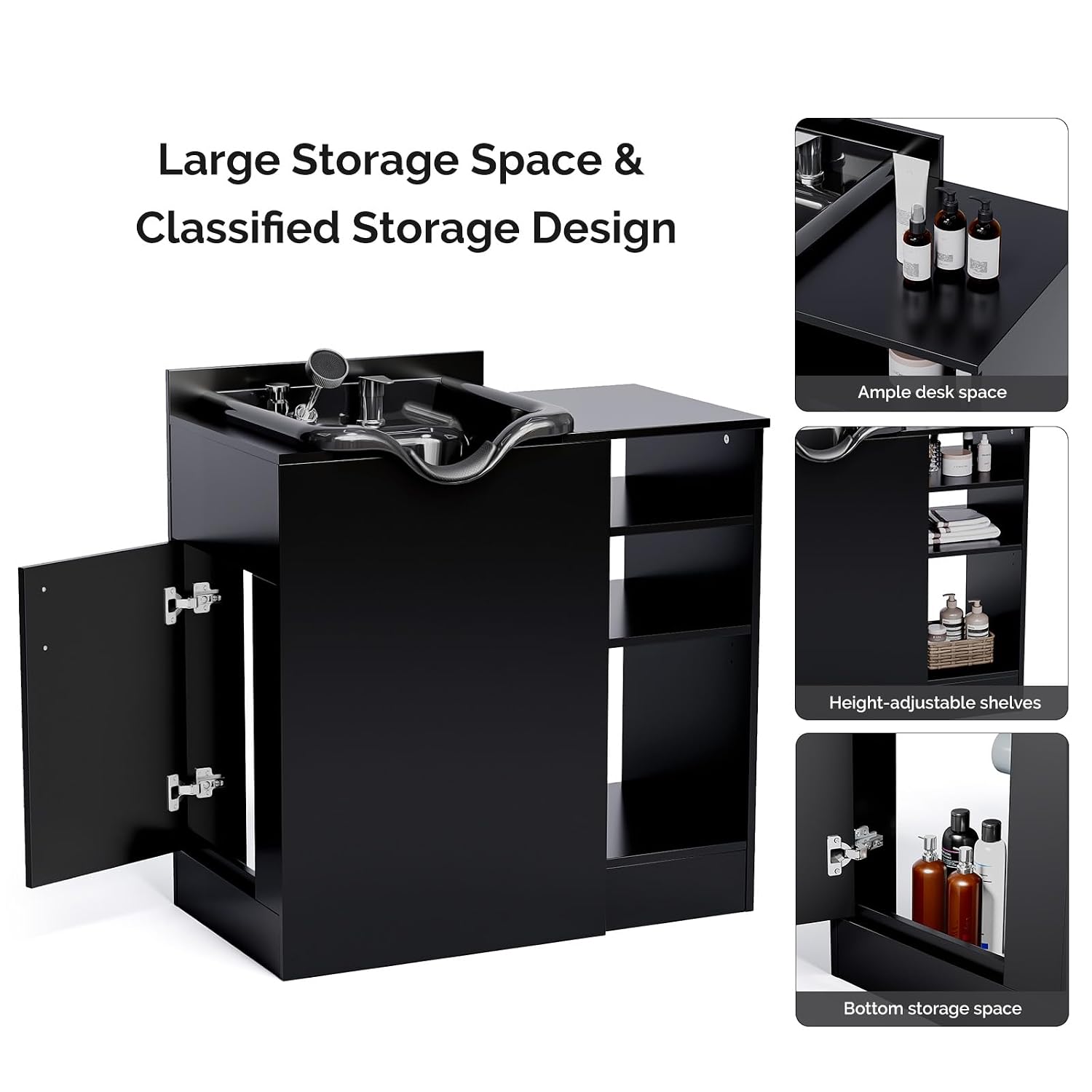 Salon Station, Shampoo Bowl with Cabinet, Freestanding Backwash Sink with Adjustable Shelf, UPC Certified Faucet