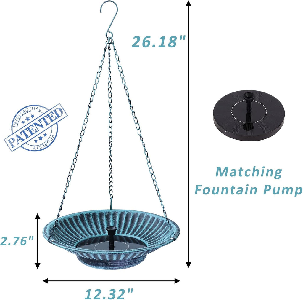 12" Hanging Solar Bird Bath, Metal Solar Bird Bath Fountain (Blue)