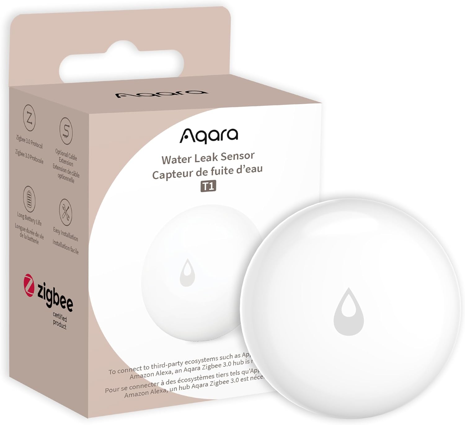 Water Leak Sensor T1, Zigbee Water Leak Detector for Alarm System | Requires AQARA HUB, App Notifications, Smart Home