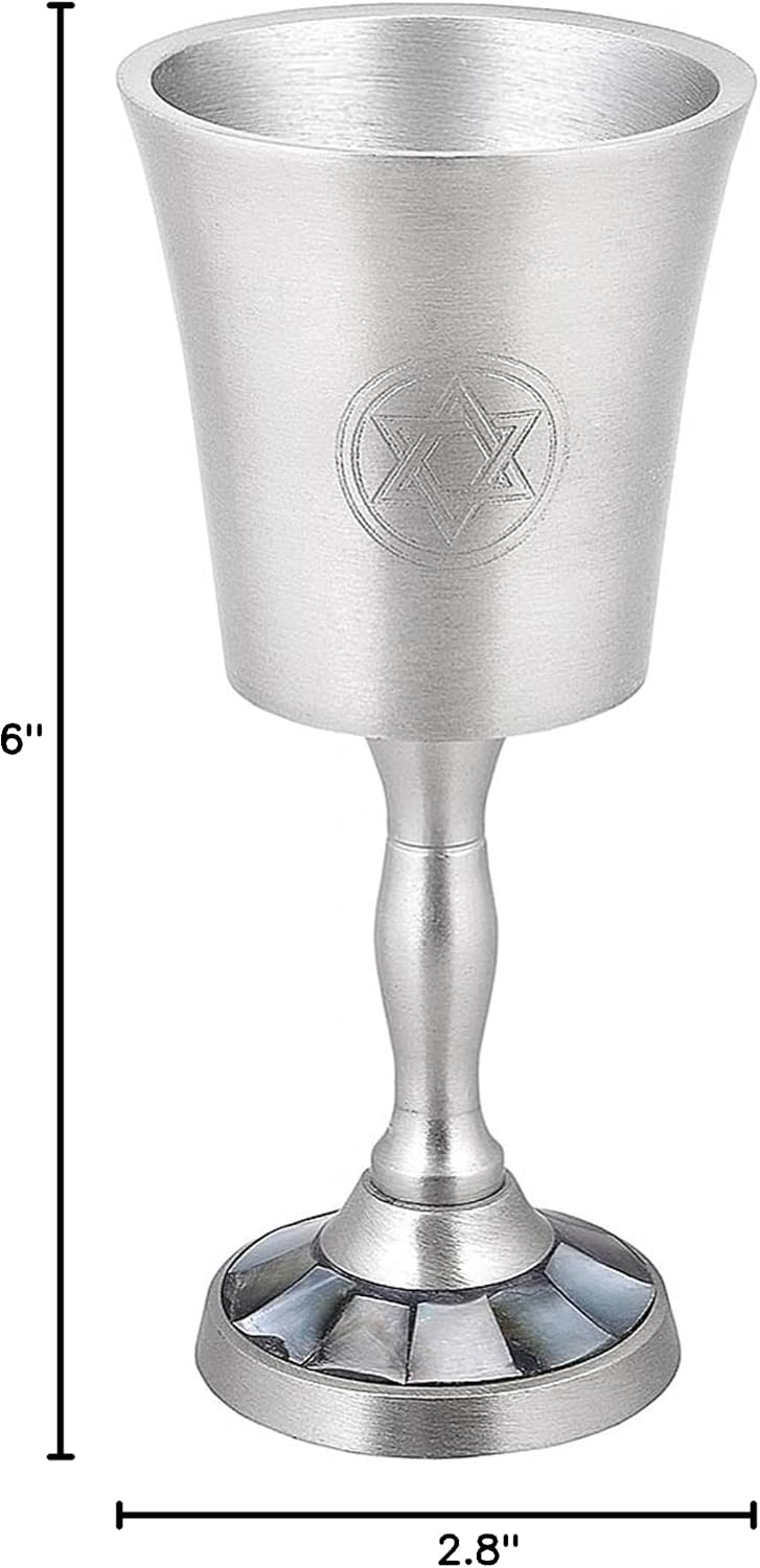 Zion Judaica Passover Seder Natural Black Pearl Inlay Kiddush Cup Goblet 6" Tall Engraved Star of David Pewter Finish