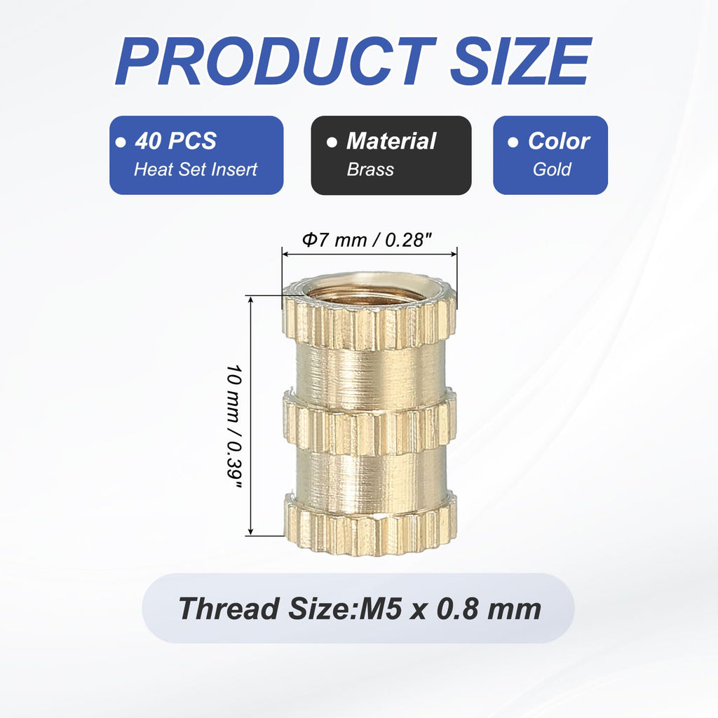 PATIKIL 40 Pcs Threaded Inserts Heat Set, M5x10x7mm Female Brass Metric Knurled Insert Set Embedment Nut for Plastic 3D Printing Components