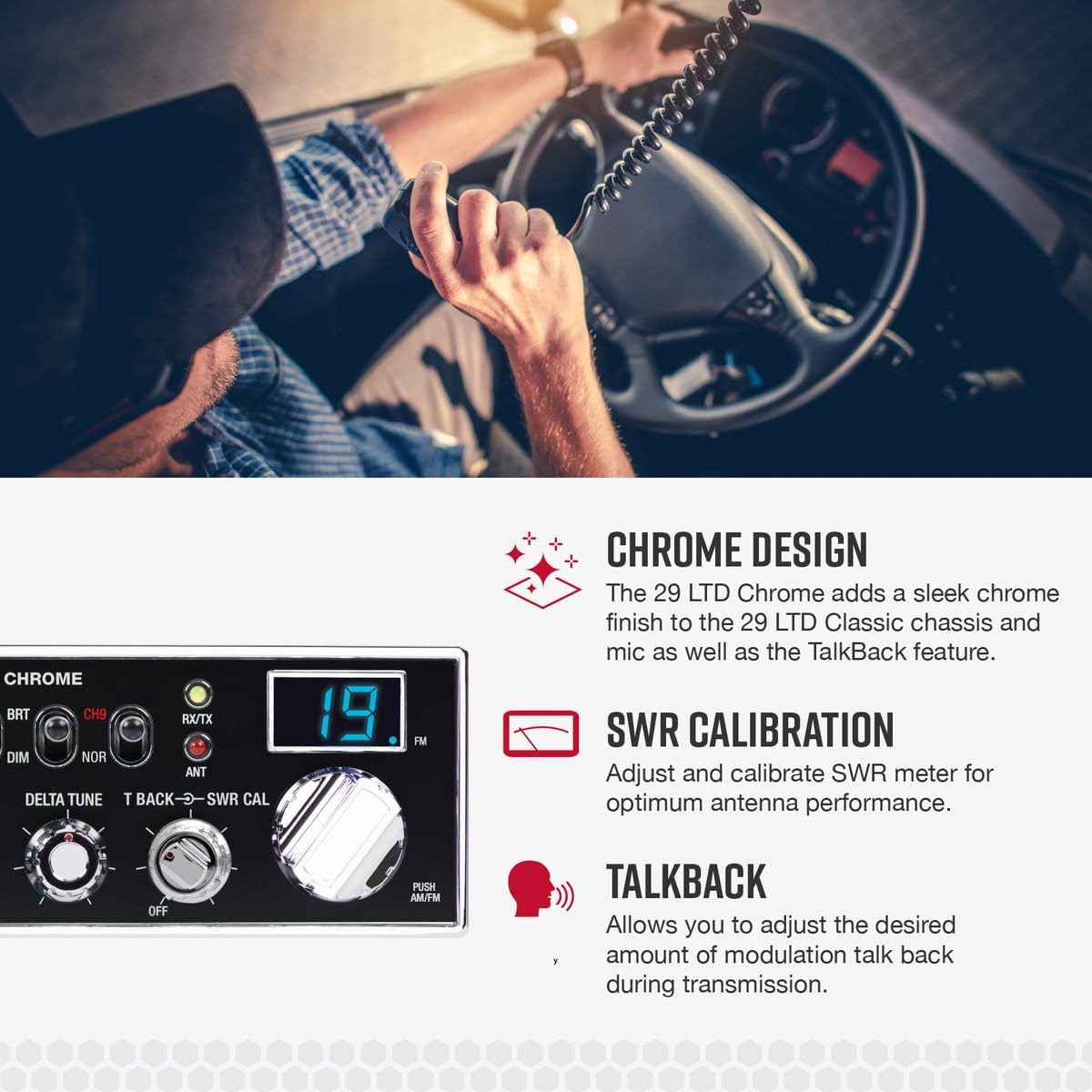 29 LTD Chrome AM/FM Professional CB Radio - Easy to Operate, Emergency Radio, Instant Channel 9, 4-Watt Output, Full